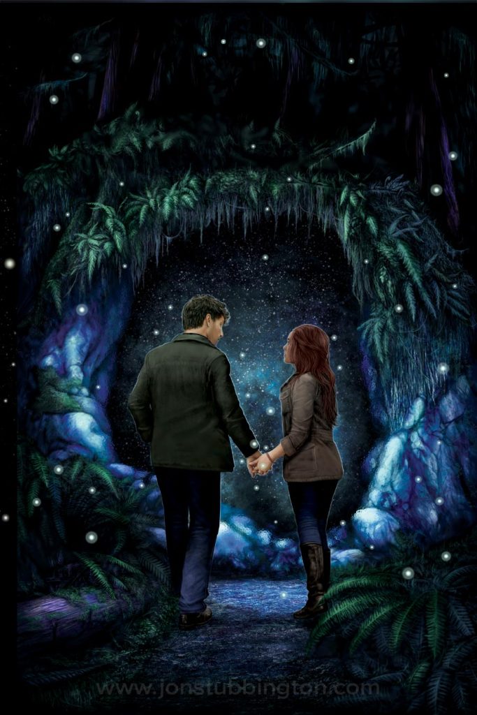 A couple hold hands, about to step through a magical portal in a forest