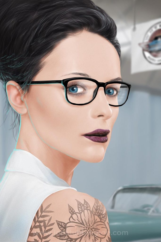 Realistic head shot portrait of a young woman in glasses with a shoulder tattoo