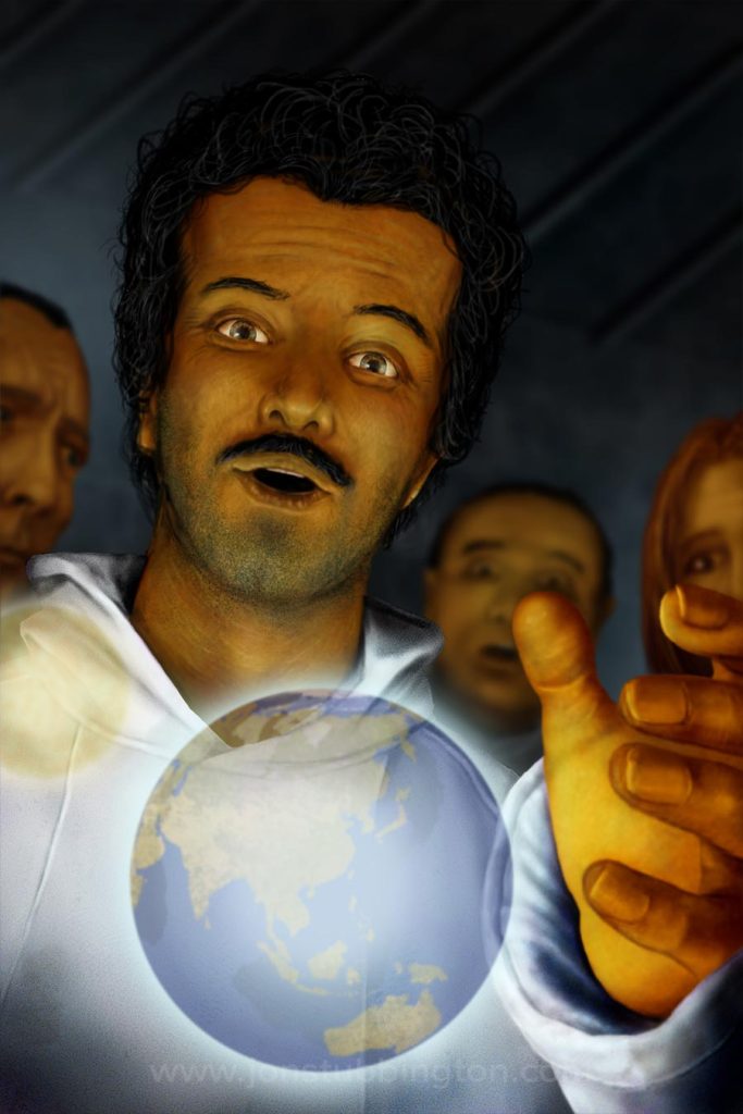 A group of golden-skinned humanoid aliens gather round a holographic projection of the Earth looking excited or frightened