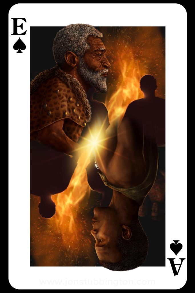 A playing card illustrated with two characters from God Games by James A. Scott