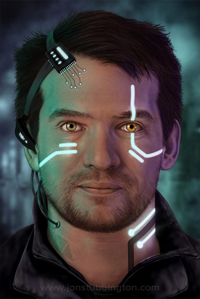 Realistic head shot portrait of author Henry Neilsen with futuristic cyberpunk-style adornments