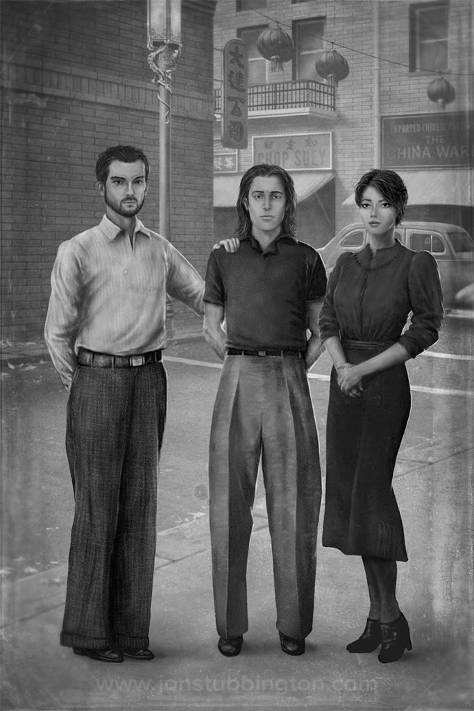 Black and white illustration of a family stood posing on the streets of San Francisco, in the style of an old photograph