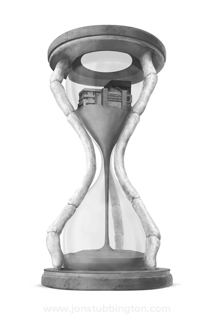 Black and white illustration of an hourglass with bones for the struts and a set of brutalist concrete buildings sat upon the top mound of sand