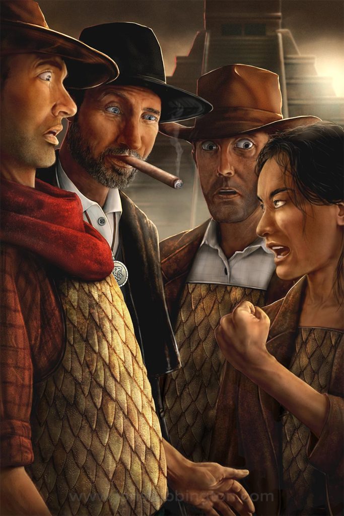 A young woman angrily confronts three men in a post apocalyptic central American landscape