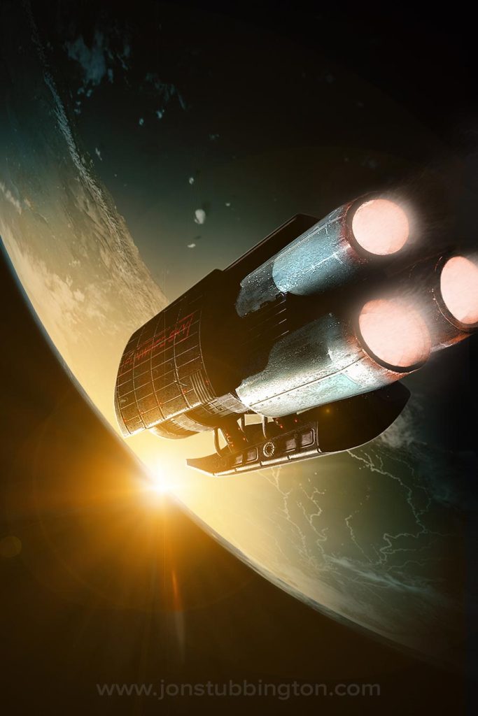 A spaceship, the Sunward Sky, orbits Earth flying towards the sunrise