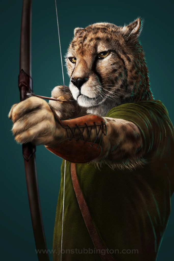 Half body portrait of a feline humanoid archer with an arrow ready to fire