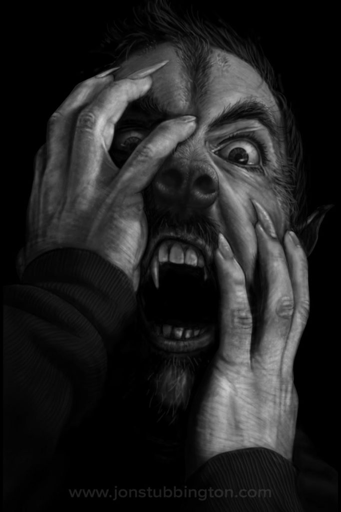 Black and white portrait of a man turning into a werewolf