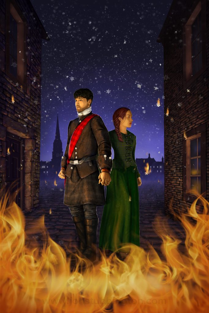A couple in historical Scottish dress stand in a cobbled street between buildings. They hold hands while looking resolute. Flames flicker in front of them and falling snow is catching fire as it falls.