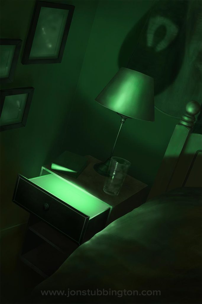An angled view of a bedside unit. The top drawer is open and, from within it, an eerie green light eminates, illuminating the room.