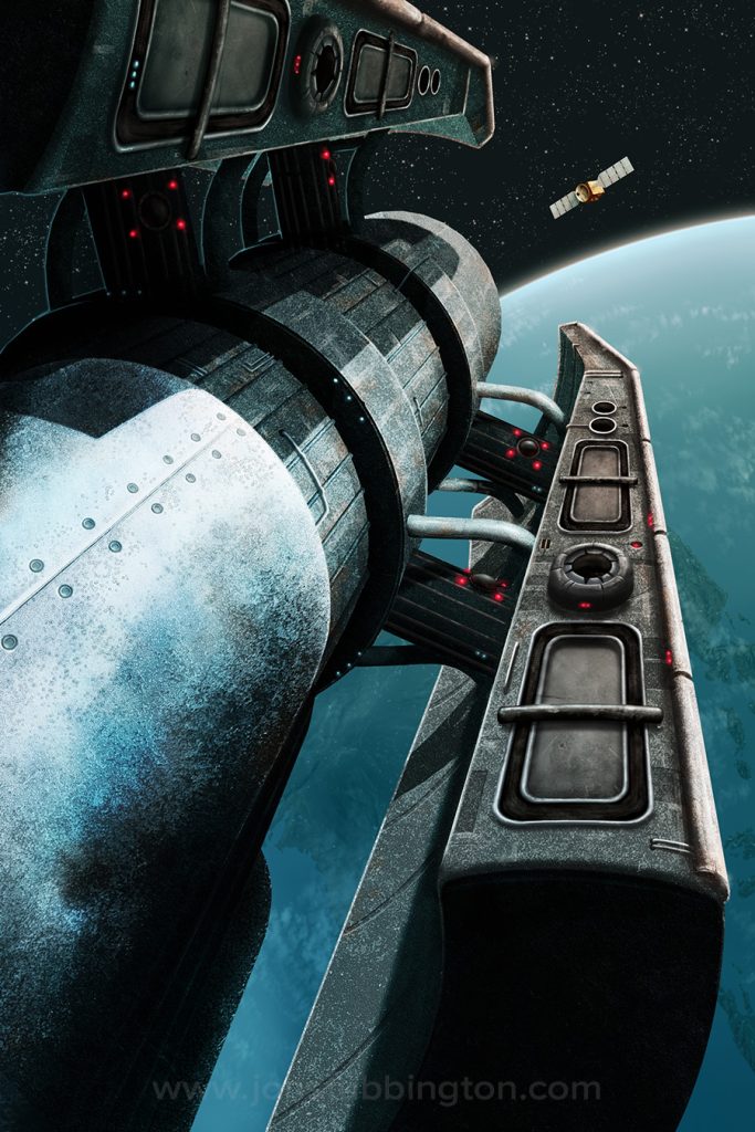 Close up view of the Sunward Sky spaceship in orbit above Earth as it approaches a satellite.