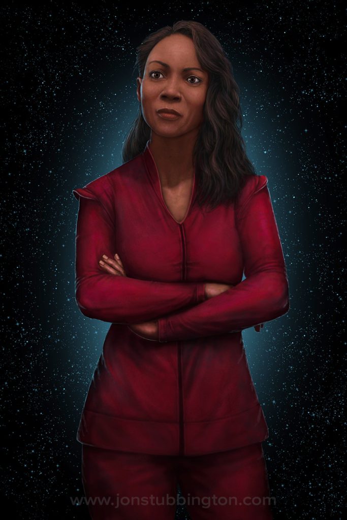 A lady in a scifi ship's uniform stands with her arms folded, her hair tucked behind one ear and her head slightly cocked to one side as she listens.