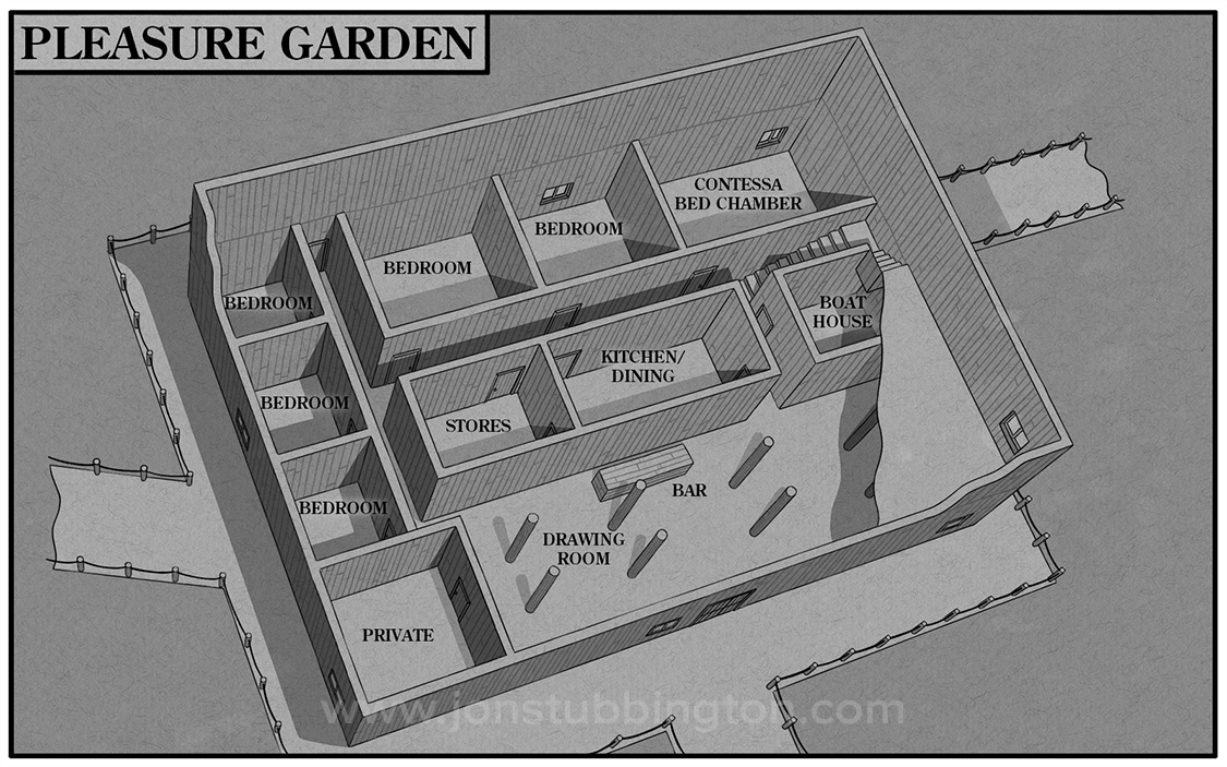 A 3D map showing a cutaway view of a single building from the novel Blood Daggers by Joseph Schwartz.