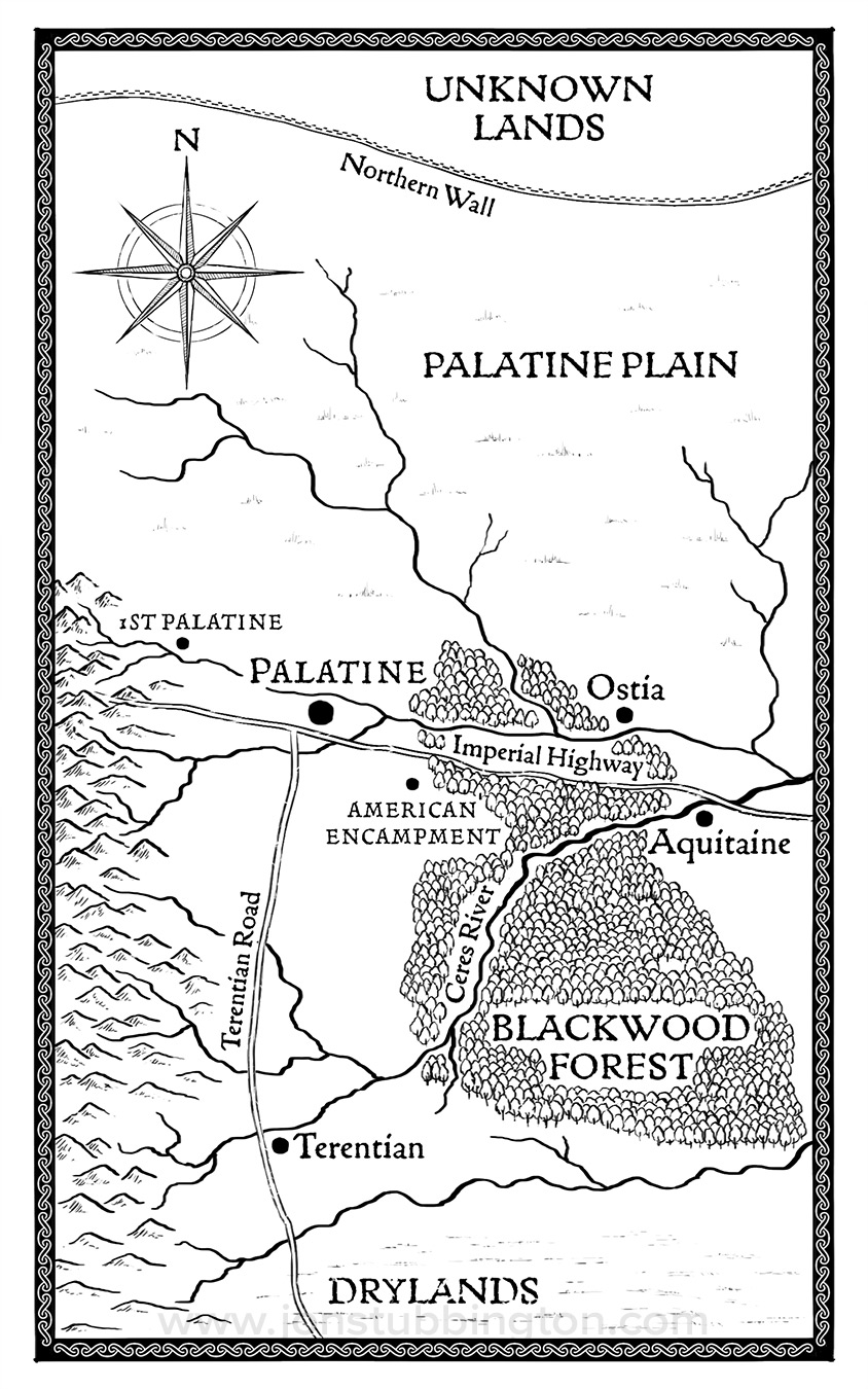 A black and white map of a fantasy landscape from a novel by Mark Runte.