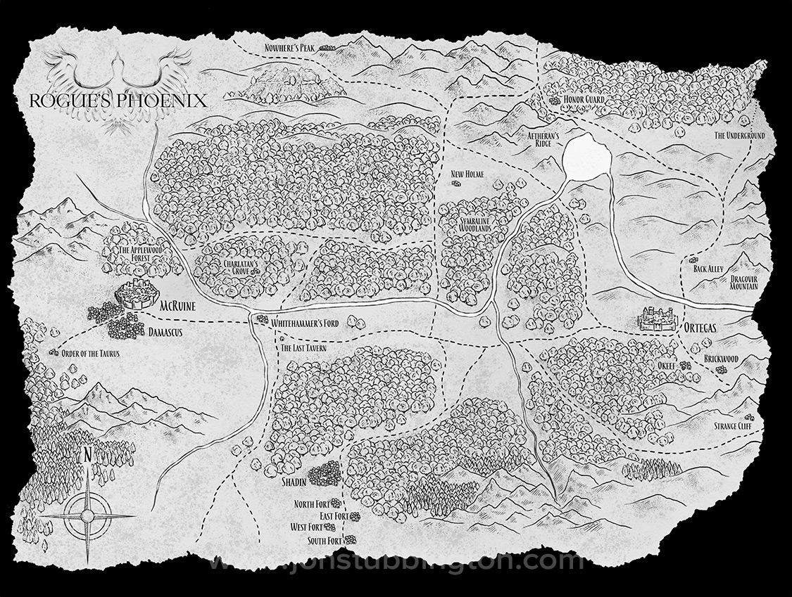 A black and white map of a fantasy landscape from the novel Rogue's Phoenix by Tommy Clark.