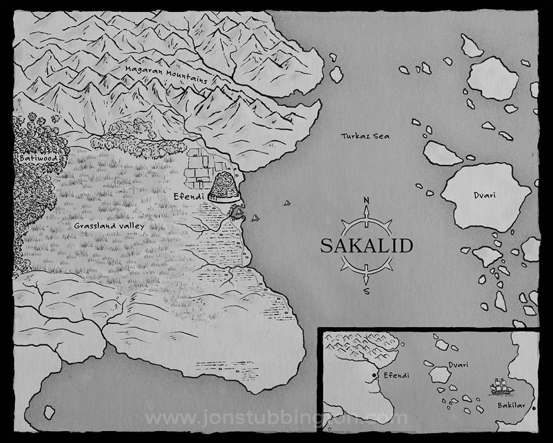 A black and white map of a fantasy landscape from a novel by C C Yorke.