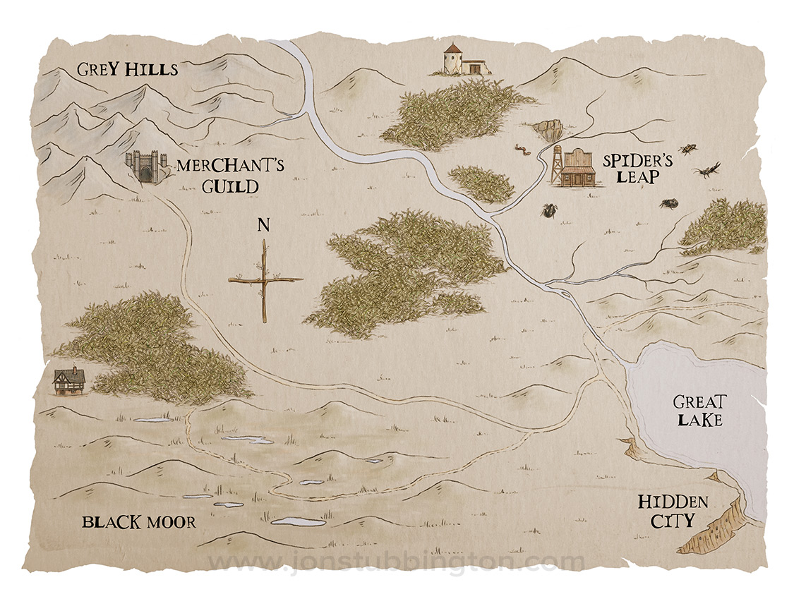 Sepia toned map for the chapter book The Word Spider: Arthur's Tale by Chris Horn