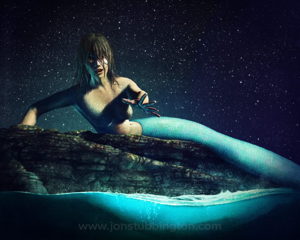 Illustration of a mermaid lying on a rock in the nighttime. She is reaching a hand out towards us, the viewer, and she is lit by a bioluminescent glow from the water.
