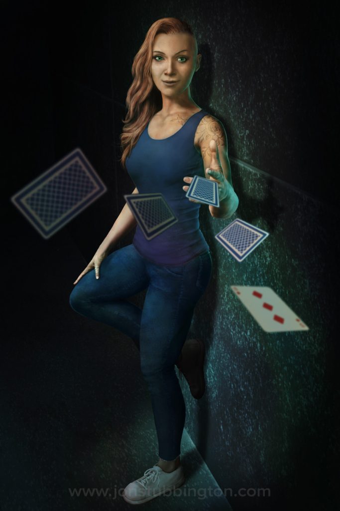 A character art portrait of a woman standing against a wall, tossing playing cards towards us. She has a shoulder tattoo and a ring on her thumb. She is wearing a vest top, jeans, and trainers.