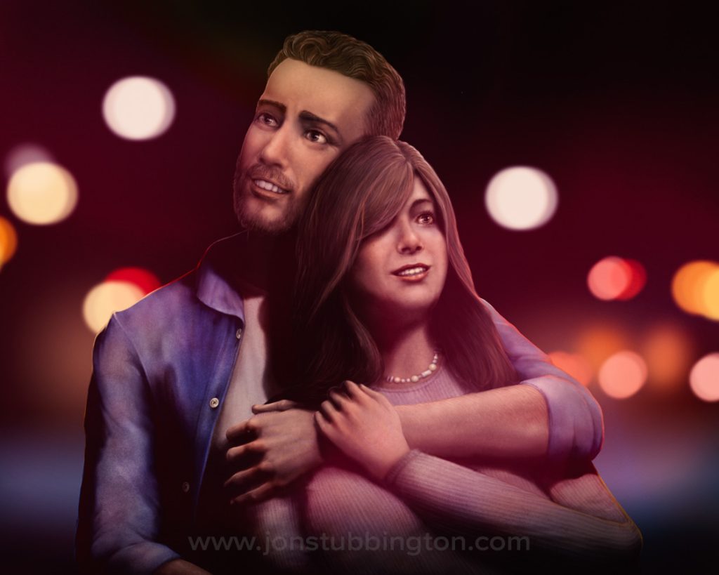 A couple face towards us, his arm around her shoulder in an embrace. They are both smiling and are lit by multicoloured lights.