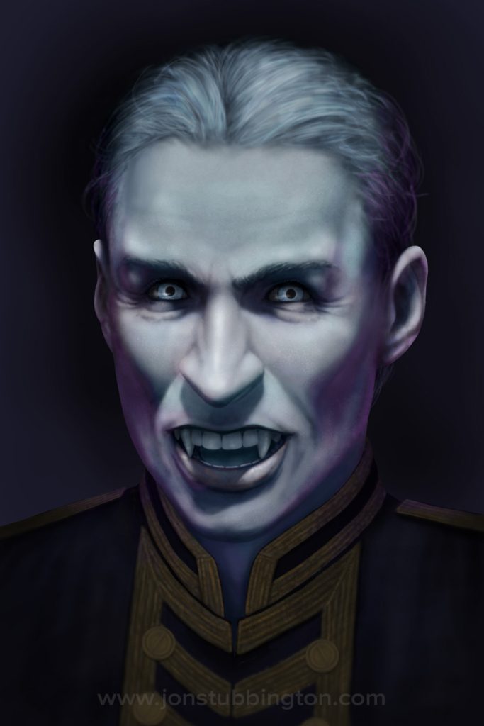 Illustrated portrait of a male vampire in a naval military uniform