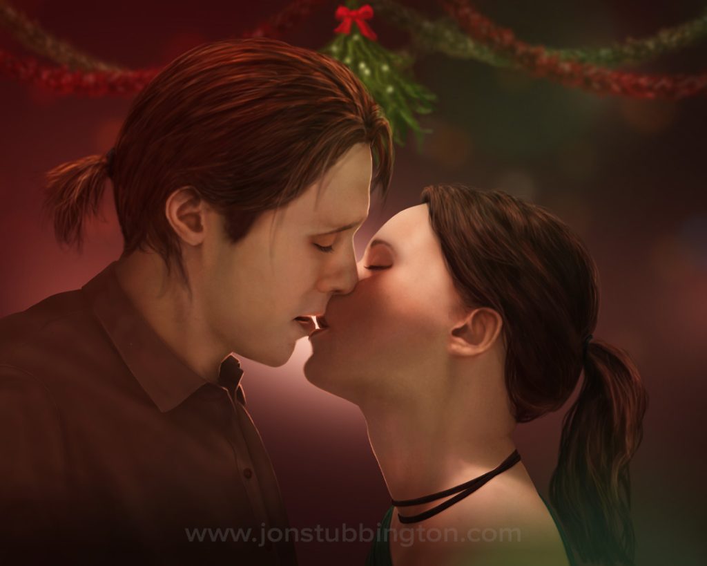 Illustrated portrait of a young couple about to kiss beneath misteltoe