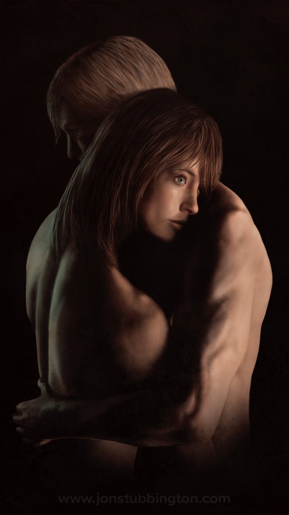 Illustration of a couple embracing. The woman looks pensively into the distance.