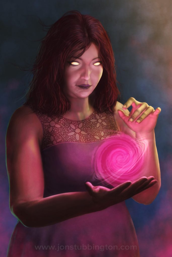 A woman casts a pink and purple spell between her hands. Her eyes are blanked out with no iris visible.