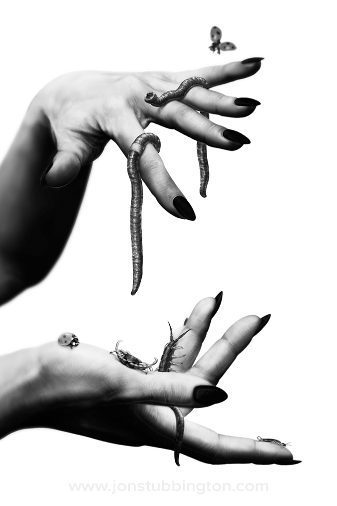 Black and white illustration of two hands covered in bugs and worms