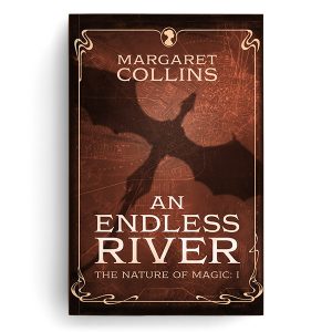 Book cover for historical fantasy novel An Endless River featuring the silhouette of a dragon flying over a map of Boston with an art nouveau border