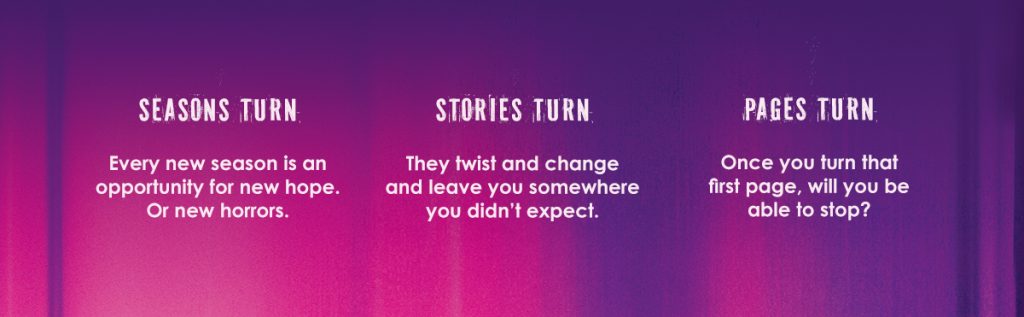 Banner advertising Turn by Lewis J Cowan, reading "Seasons Turn", "Stories Turn", "Pages Turn".
